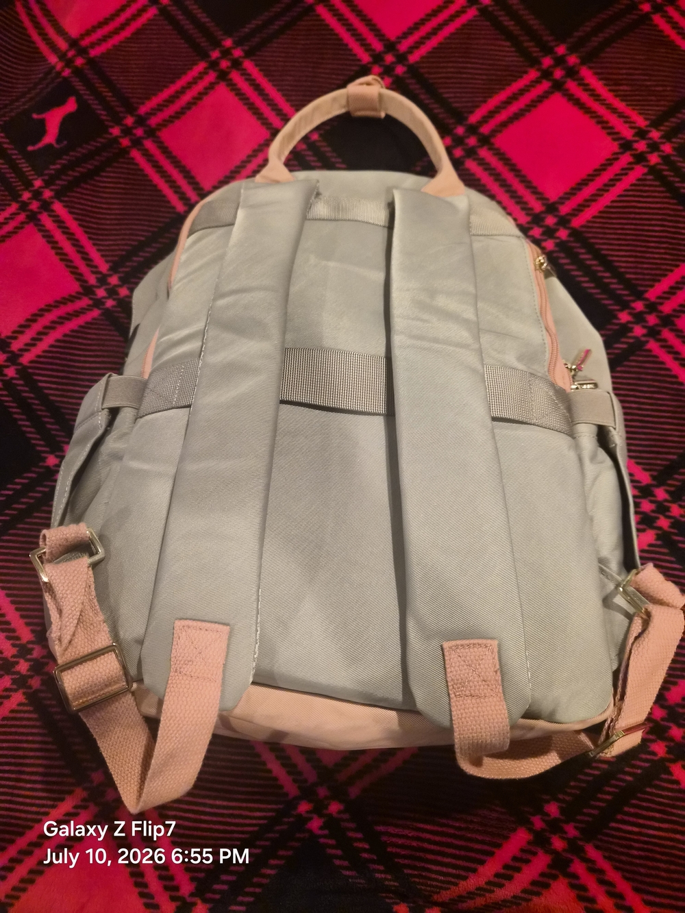 Women's Botique Two-Tone Gray and Blush Backpack With Charging Cables - Picture 2 of 5